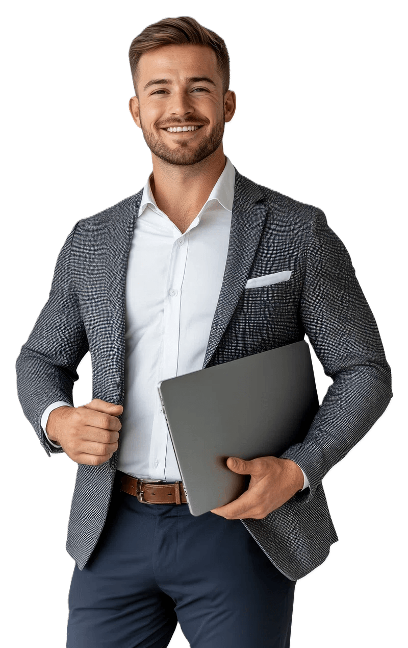 Professional consultant holding a laptop, ready to help